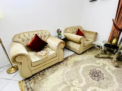 Pair of Classic Beige Upholstered Armchairs — Good Condition