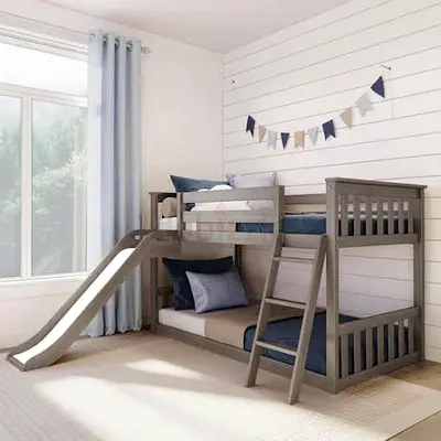 Wooden Kids Bunk Bed with Slide - Twin over Twin, Grey