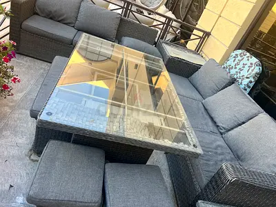 Outdoor Rattan Corner Sofa Set with Glass Coffee Table - Dark Grey