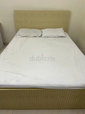 Queen Size Bed Frame with Headboard - Beige Woven Upholstery with Mattress