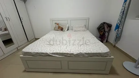 White Wooden Double Bed Frame with Headboard (Good Condition)