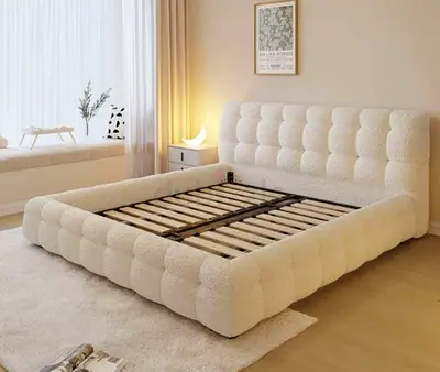 Modern Upholstered Tufted King Bed Frame - Cream Bouclé (No Mattress)