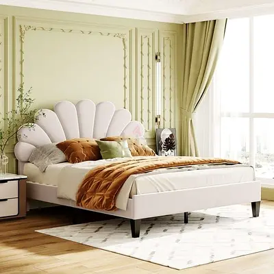 Queen-sized scallop shell upholstered bed frame in light beige
