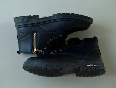 Black Leather Lace-Up Ankle Boots with Side Zip, Size 43