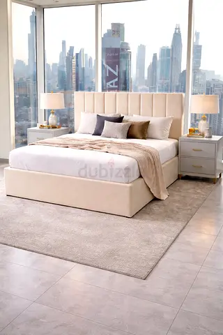 Brand New family queen size bed Beige Upholstered Queen Bed with Padded Headboard
