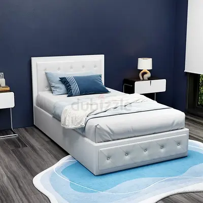 White linen button tufted twin hydraulic bed frame