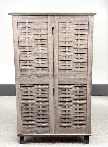 Compact 4-Door Woven-Pattern Storage Cabinet - Light Grey