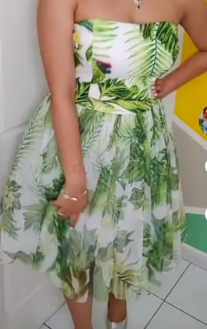 Strapless Green Tropical Print Midi Dress - Size M