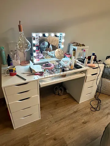 White Hollywood Vanity Table with Lighted Mirror and Drawers. Bespoke design.