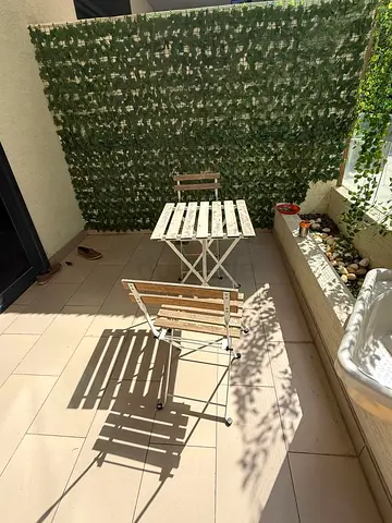 Small Outdoor Bistro Table and Two Folding Chairs - Wooden Slatted Set