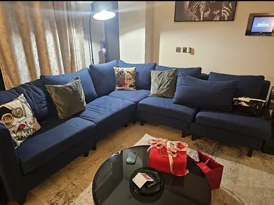 Modern Blue Fabric L-Shaped Corner Sofa - Good Condition