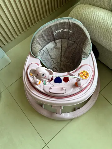 Light Pink Baby Walker with Play Tray and Cushioned Seat