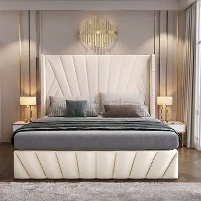 Modern Upholstered King Bed with Padded Headboard (Cream)