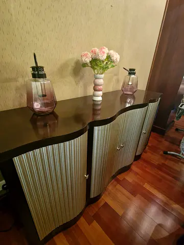 Curved Modern Sideboard / Buffet Cabinet - Dark Wood with Silver Fronts