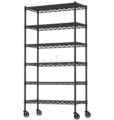 Heavy-Duty 6-Tier Metal Storage Rack on Wheels - Black