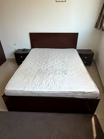 Queen-size wooden bed frame with mattress with side drawer tables - good condition