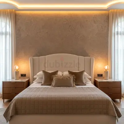 Beige Upholstered queen size Bed with Headboard and Matching Nightstands