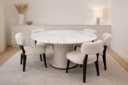 Round Marble 100% .Top Dining Table with 5 Curved Boucle Chairs
