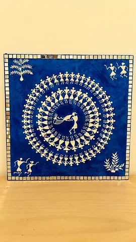 Handmade Warli Painting on Blue Canvas — Traditional Folk Art