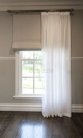 White Sheer Curtains with Beige Roman Blind (Single Window Set)