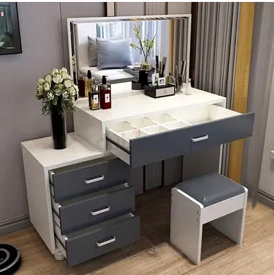 Modern White  Grey Dressing Table with Mirror and Stool