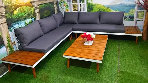 Outdoor aluminum L shaped 5 seater sofa set for garden and balcony  No damage  With cushions