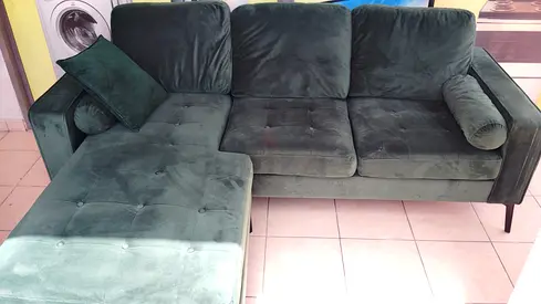 Green L-shaped Velvet Sofa with Chaise - Good Used Condition