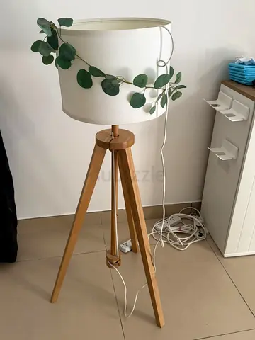Wooden Tripod Floor Lamp with White Drum Shade