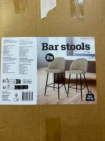 Set of 2 Bar Stools (New in Box) - Beige Fabric, Black Metal Legs