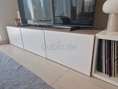 Low-profile TV unit with storage and record shelf (IKEA-style) 5 cabinets (3 with doors)