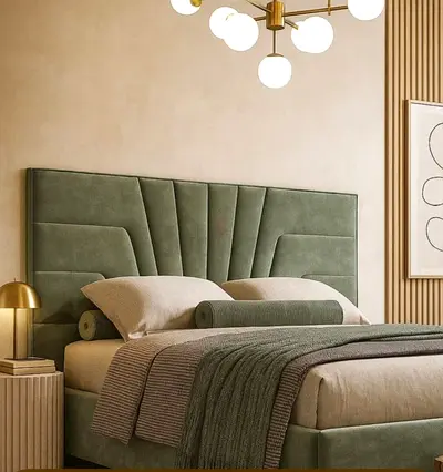 Green Upholstered Bed with Padded Headboard (Double/Queen)