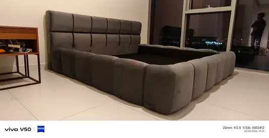 Grey upholstered king-size bed frame with padded headboard (hydraulic storage)