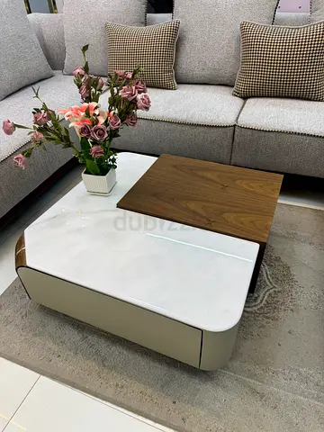 Modern White Marble Top Coffee Table with Wood Accents