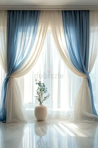 Light Blue and Ivory Sheer Curtains - Pair (Used, Good Condition)