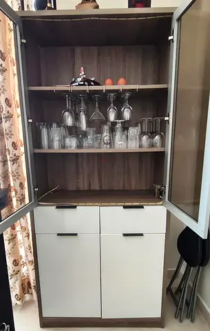 Tall White Bar Cabinet with Glass Doors— Good Condition