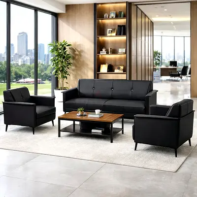 Modern 3+1+1 Black Leather Office Sofa Set – Executive Reception Seating UAE