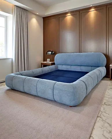 Modern Low-Profile Upholstered Platform Bed (Light Blue)