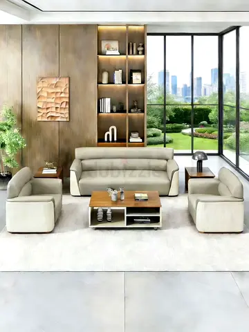 Modern 3+1+1 Beige Leather Sofa Set – Luxury Office Sofa Set UAE