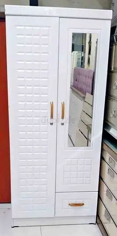 White 2-Door Wardrobe with Mirror and Bottom Drawer
