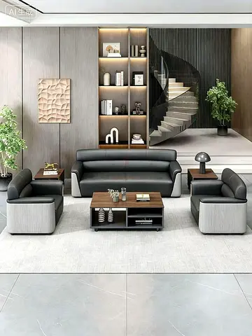 Modern 3+1+1 Black Leather Sofa Set – Luxury Office  Living Room Seating UAE