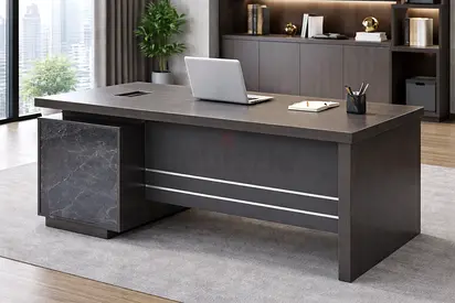 Modern L-Shaped Executive Office Desk – Coffee Office Workstation Desk with Cabinet For Office