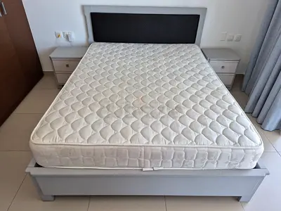 Queen bed frame with mattress and two bedside tables – light grey set