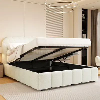 Modern Upholstered Ottoman Storage Bed - Queen Size, White Bouclé