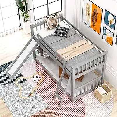 Gray Wooden Bunk Bed with Slide