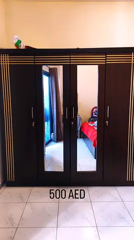 Dark Wood 4-Door Wardrobe with Mirrors - Good Condition, 500 AED