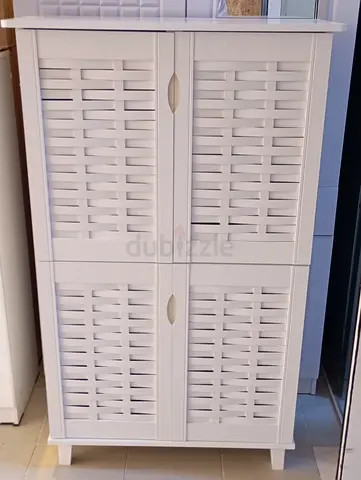 White Woven-Style Tall Storage Cabinet / Cupboard - Good Condition