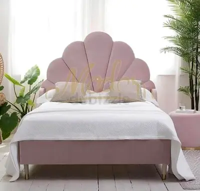 Pink Shell-Style Upholstered Double Bed with Gold Legs