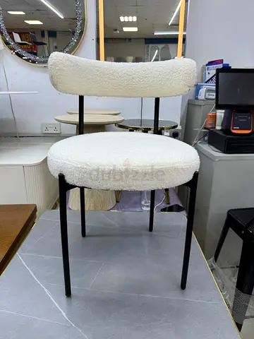 White Bouclé Dining Chairs with Slim Black Legs