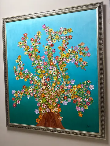 Large Framed Floral Tree Painting (3 ft x 4 ft) — Good Luck Colorful Textured Oil Painting