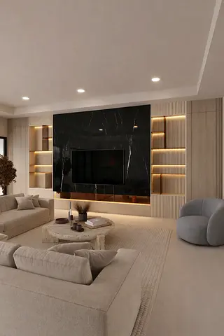 Modern Custom TV Wall Unit with LED Shelves – Premium Living Room Interior Design UAE